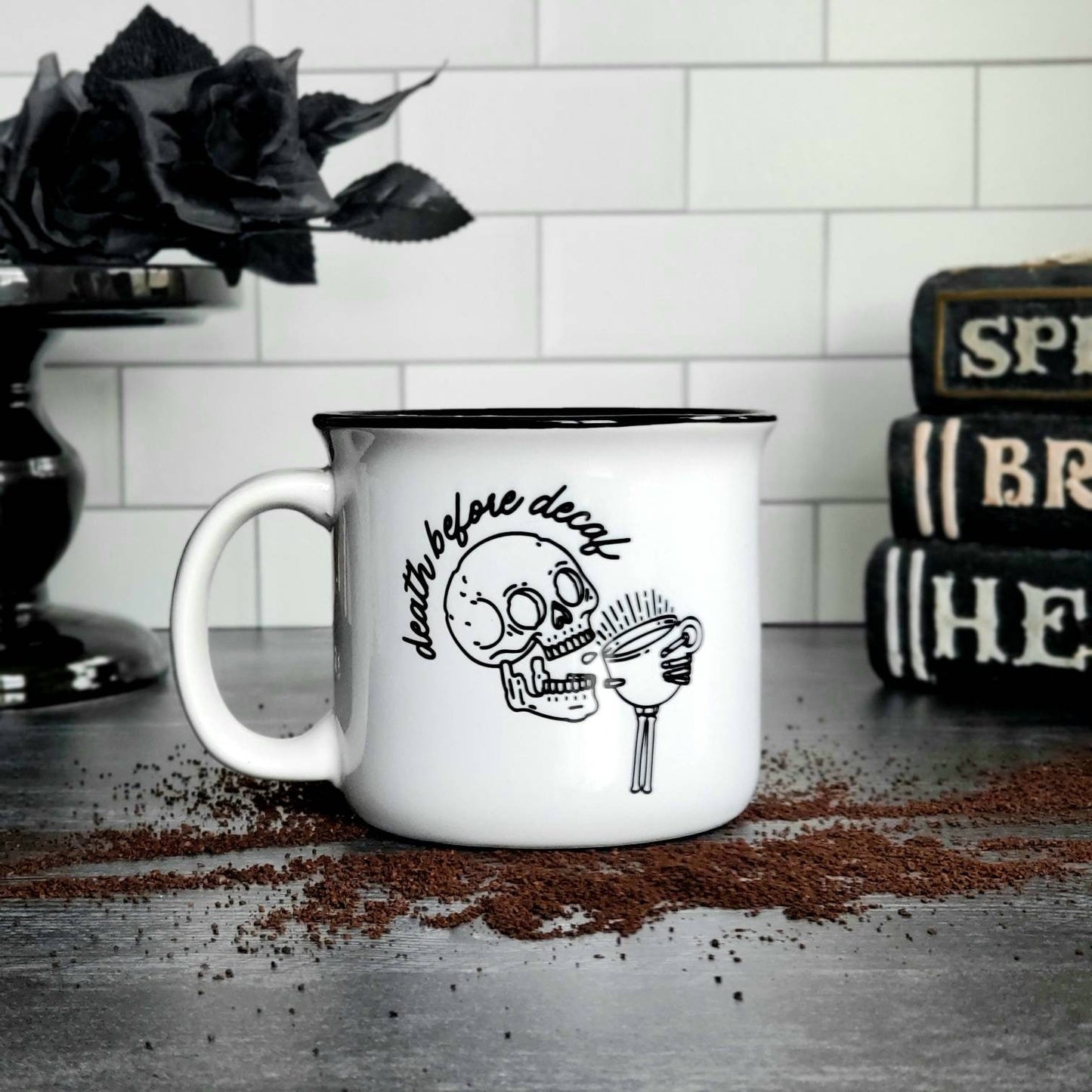 15 Oz Ceramic Camping Mug- Death before Decaf