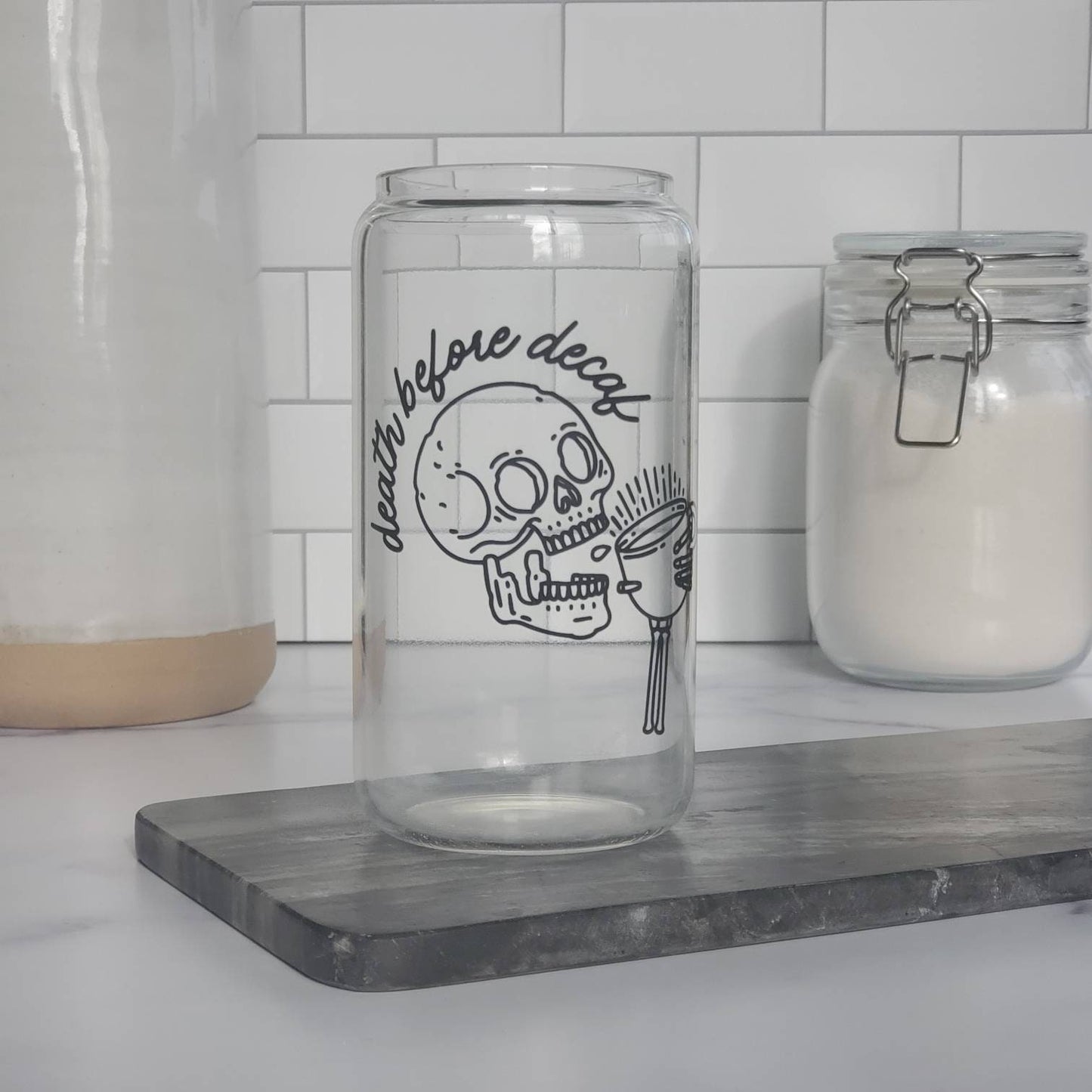 Death Before Decaf Glass Beer Can with Bamboo Lid and Straw | Coffee Glass with Bamboo Lid | Aesthetic Glass Beer Can | Iced Coffee Tumbler