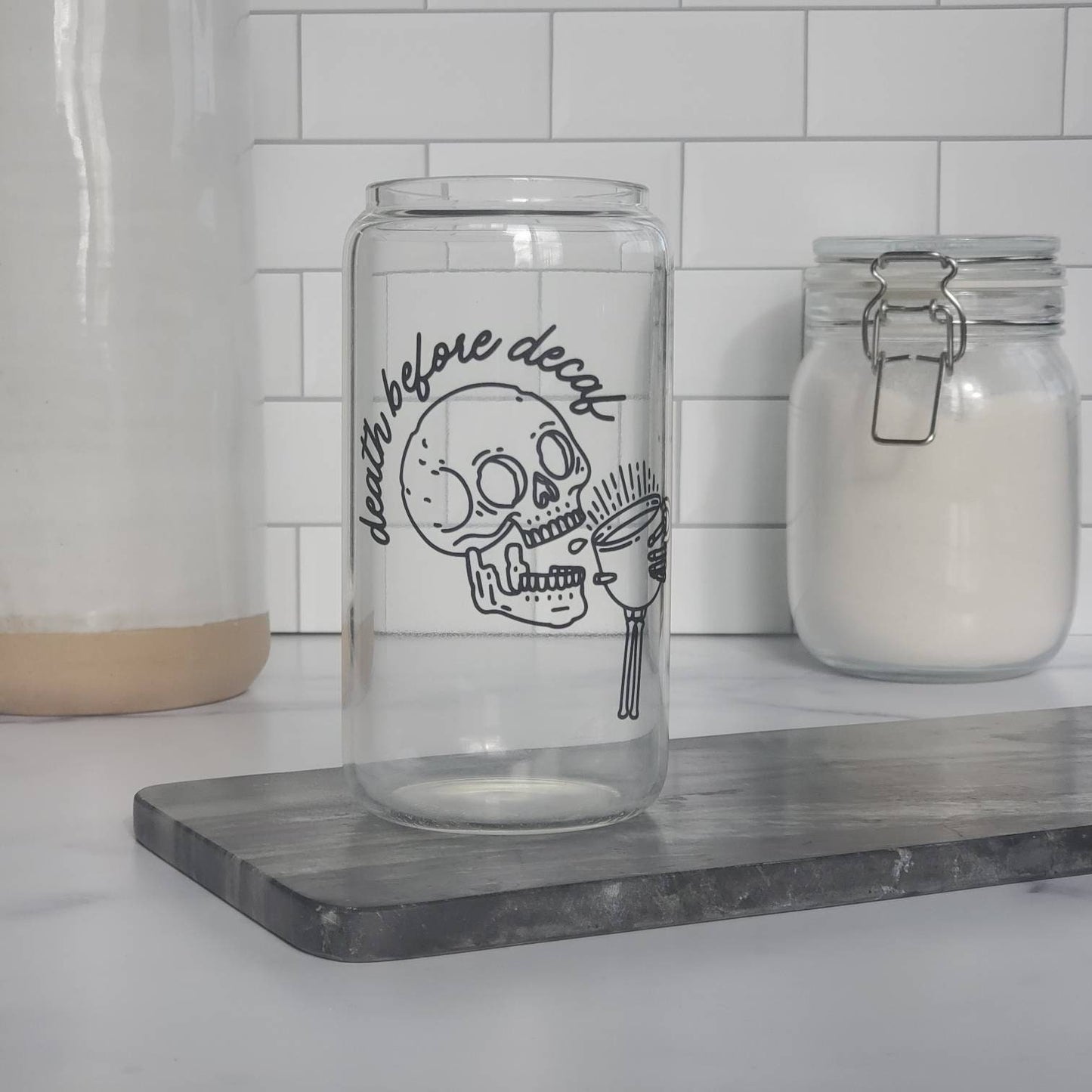 Death Before Decaf Glass Beer Can with Bamboo Lid and Straw | Coffee Glass with Bamboo Lid | Aesthetic Glass Beer Can | Iced Coffee Tumbler