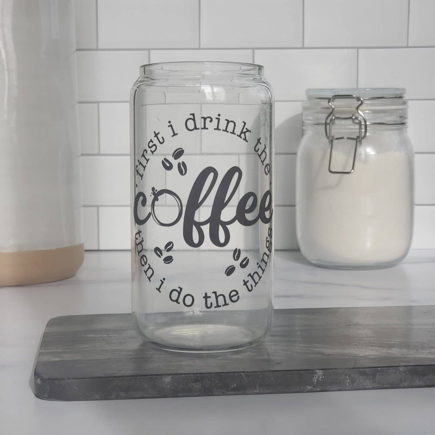 Coffee before I do Things Glass Beer Can with Bamboo Lid and Straw