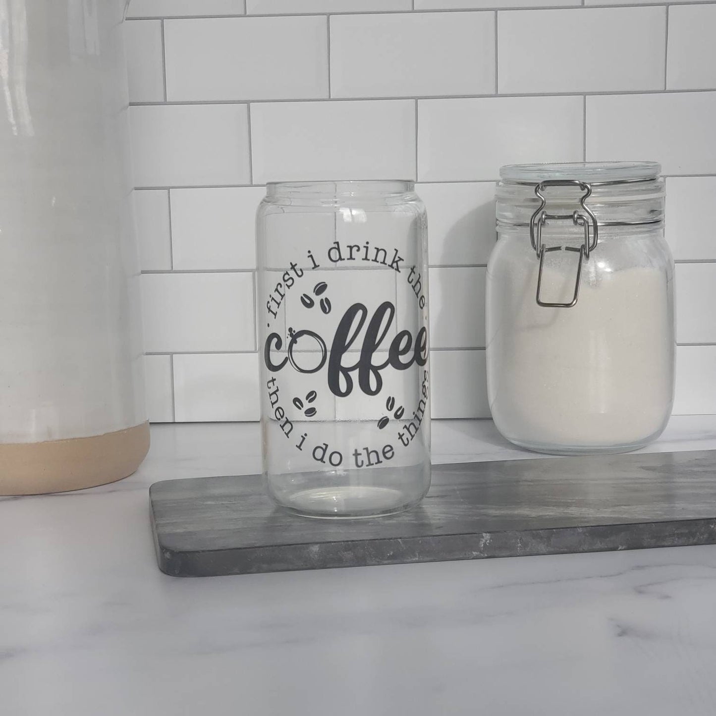 Coffee before I do Things Glass Beer Can with Bamboo Lid and Straw