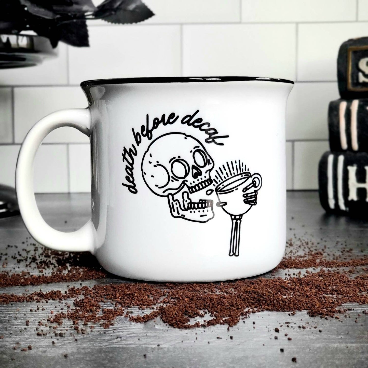 15 Oz Ceramic Camping Mug- Death before Decaf