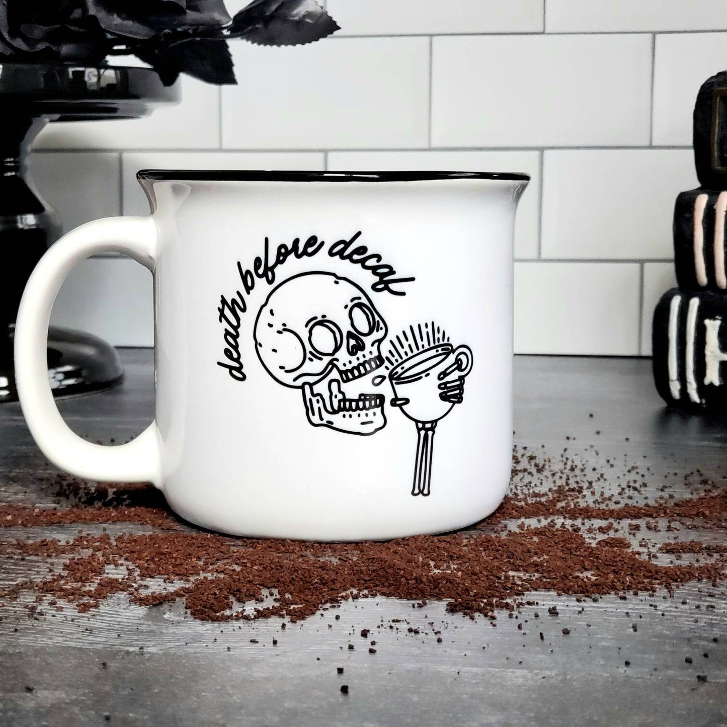 15 Oz Ceramic Camping Mug- Death before Decaf