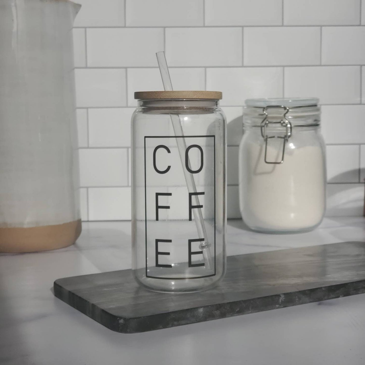 Coffee Glass Beer Can with Bamboo Lid and Straw