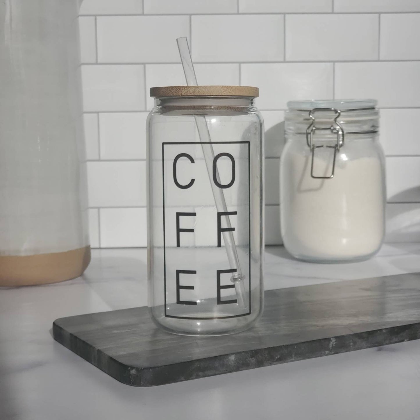 Coffee Glass Beer Can with Bamboo Lid and Straw