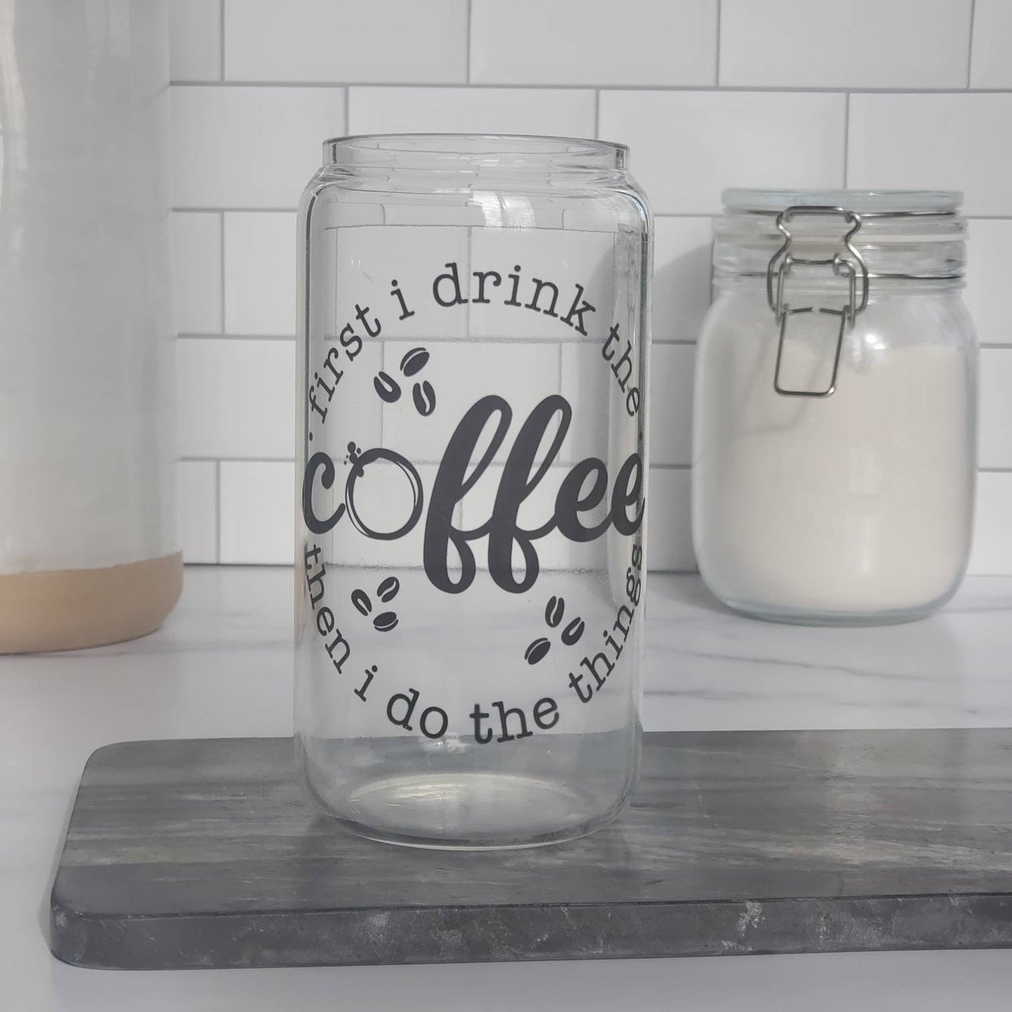 Coffee before I do Things Glass Beer Can with Bamboo Lid and Straw