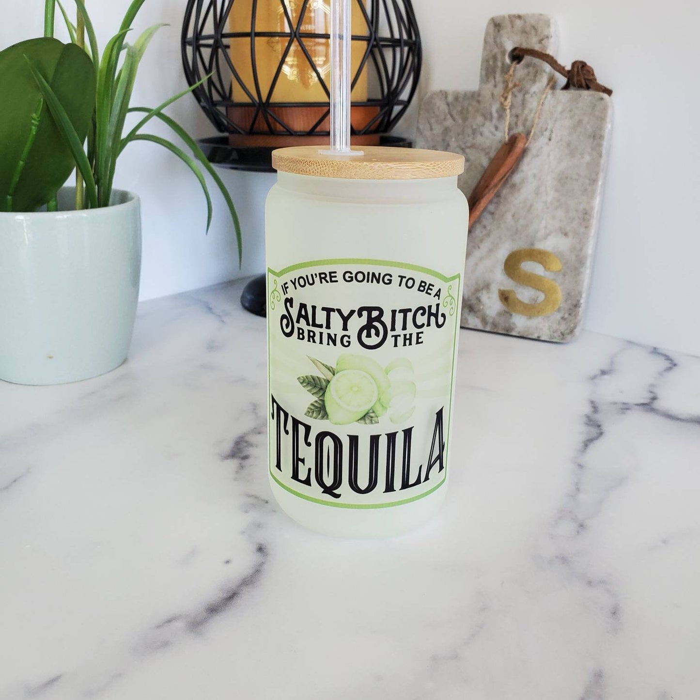Tequila Frosted Color Changing Glass Beer Can with Bamboo Lid and Straw | Coffee Glass with Bamboo Lid | Iced Coffee Tumbler | Mixed Drinks