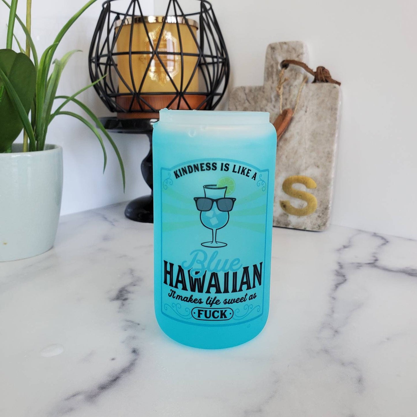 Blue Hawaiian Frosted Color Changing Glass Beer Can with Bamboo Lid and Straw|Coffee Glass with Bamboo Lid |Iced Coffee Tumbler|Mixed Drinks