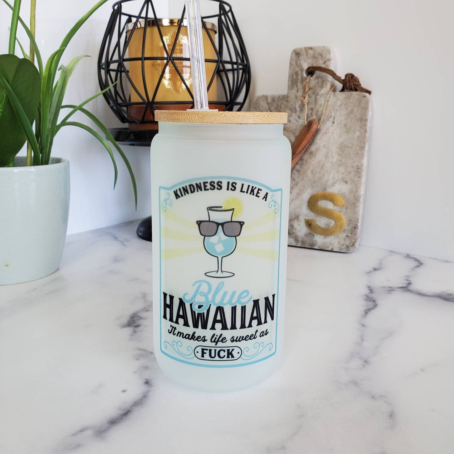 Blue Hawaiian Frosted Color Changing Glass Beer Can with Bamboo Lid and Straw|Coffee Glass with Bamboo Lid |Iced Coffee Tumbler|Mixed Drinks