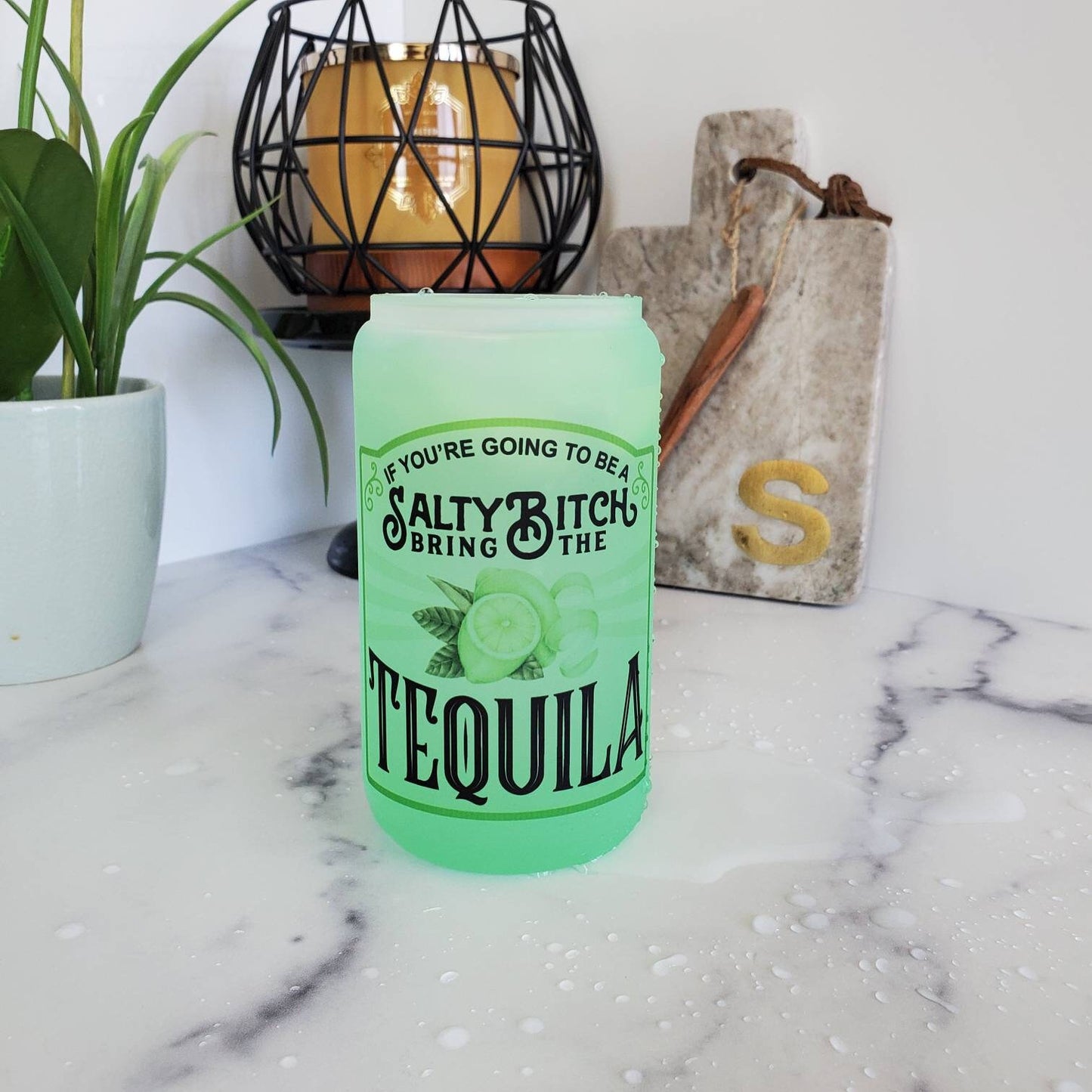 Tequila Frosted Color Changing Glass Beer Can with Bamboo Lid and Straw | Coffee Glass with Bamboo Lid | Iced Coffee Tumbler | Mixed Drinks