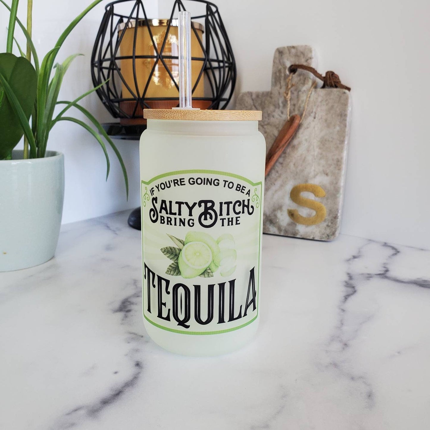 Tequila Frosted Color Changing Glass Beer Can with Bamboo Lid and Straw | Coffee Glass with Bamboo Lid | Iced Coffee Tumbler | Mixed Drinks