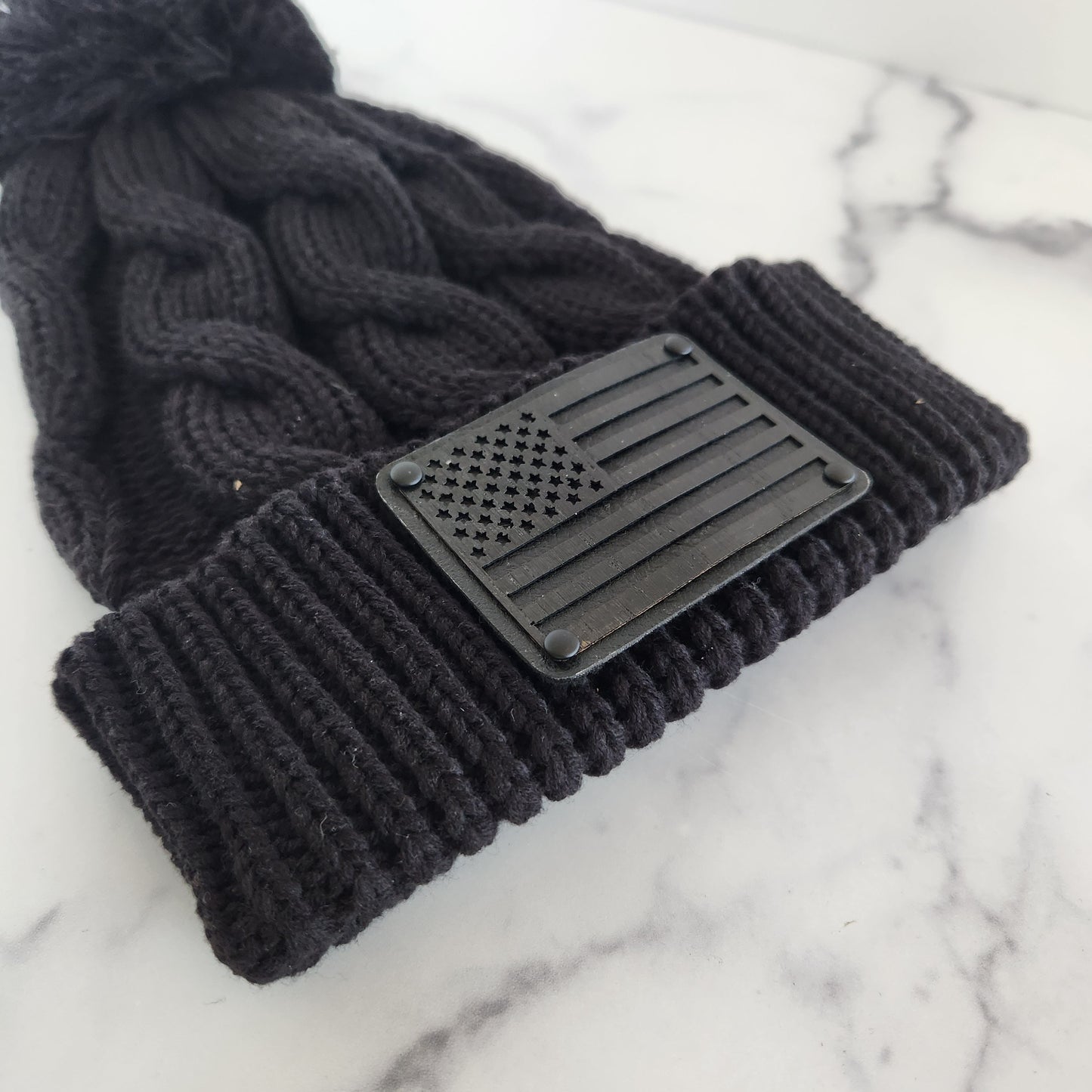 Black Flag Wood Patch Richardson Chunky Twist Cuffed Knit Beanie with Pom Pom | Unique Gifts for Him or Her | First Responder GIft