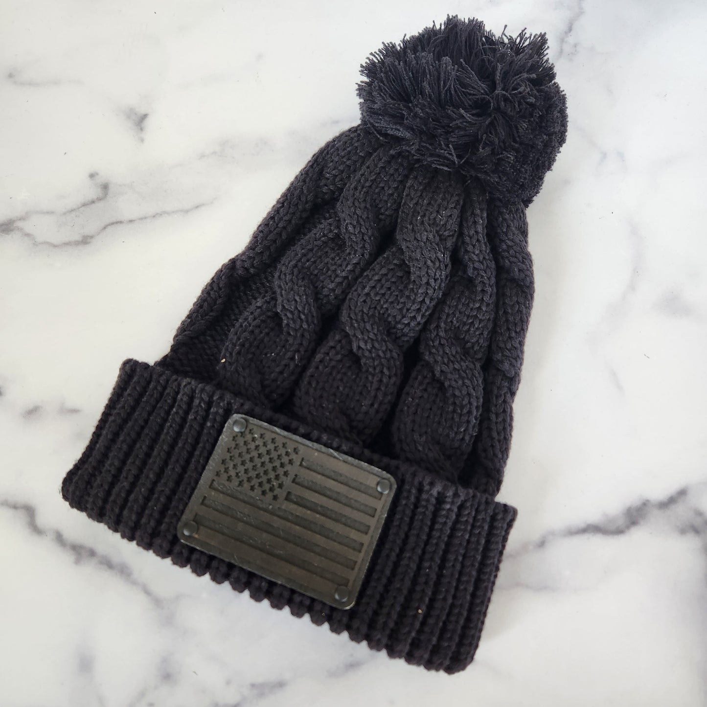 Black Flag Wood Patch Richardson Chunky Twist Cuffed Knit Beanie with Pom Pom | Unique Gifts for Him or Her | First Responder GIft