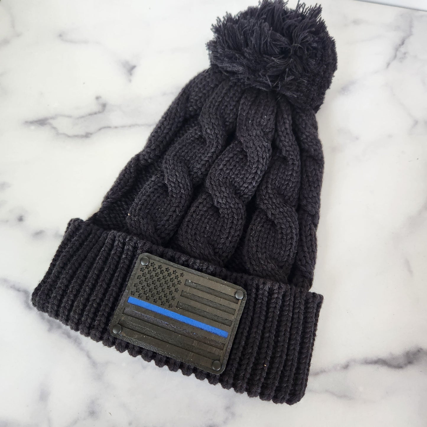 Blue Line Flag Wood Patch Richardson Chunky Twist Cuffed Knit Beanie with Pom Pom | Unique Gifts for Him or Her | Law Enforcement GIft