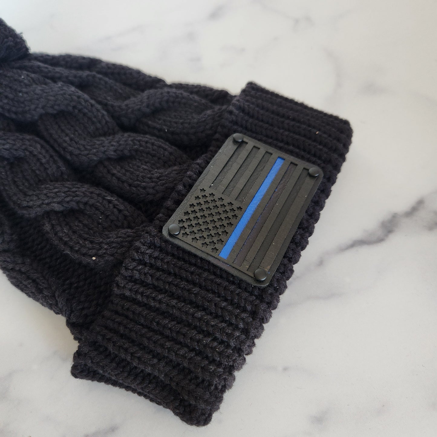 Blue Line Flag Wood Patch Richardson Chunky Twist Cuffed Knit Beanie with Pom Pom | Unique Gifts for Him or Her | Law Enforcement GIft