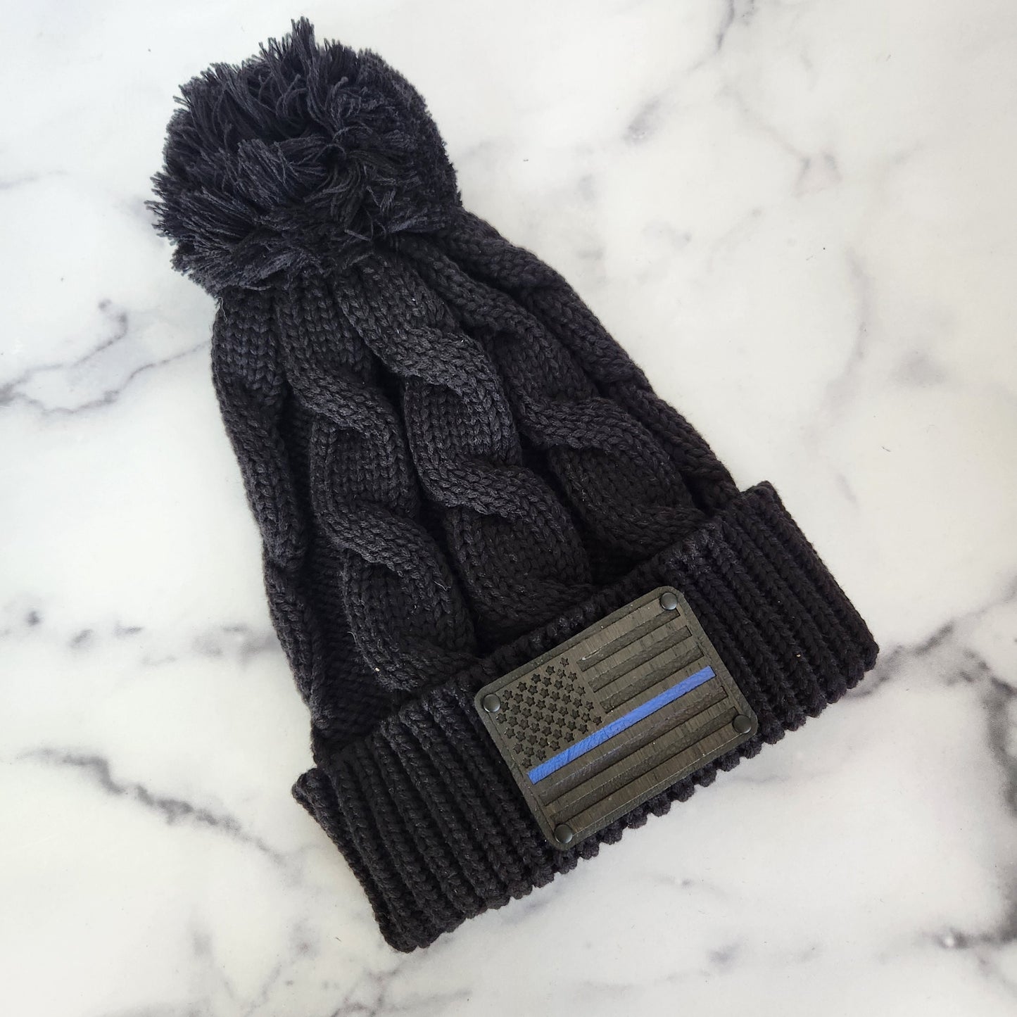 Blue Line Flag Wood Patch Richardson Chunky Twist Cuffed Knit Beanie with Pom Pom | Unique Gifts for Him or Her | Law Enforcement GIft