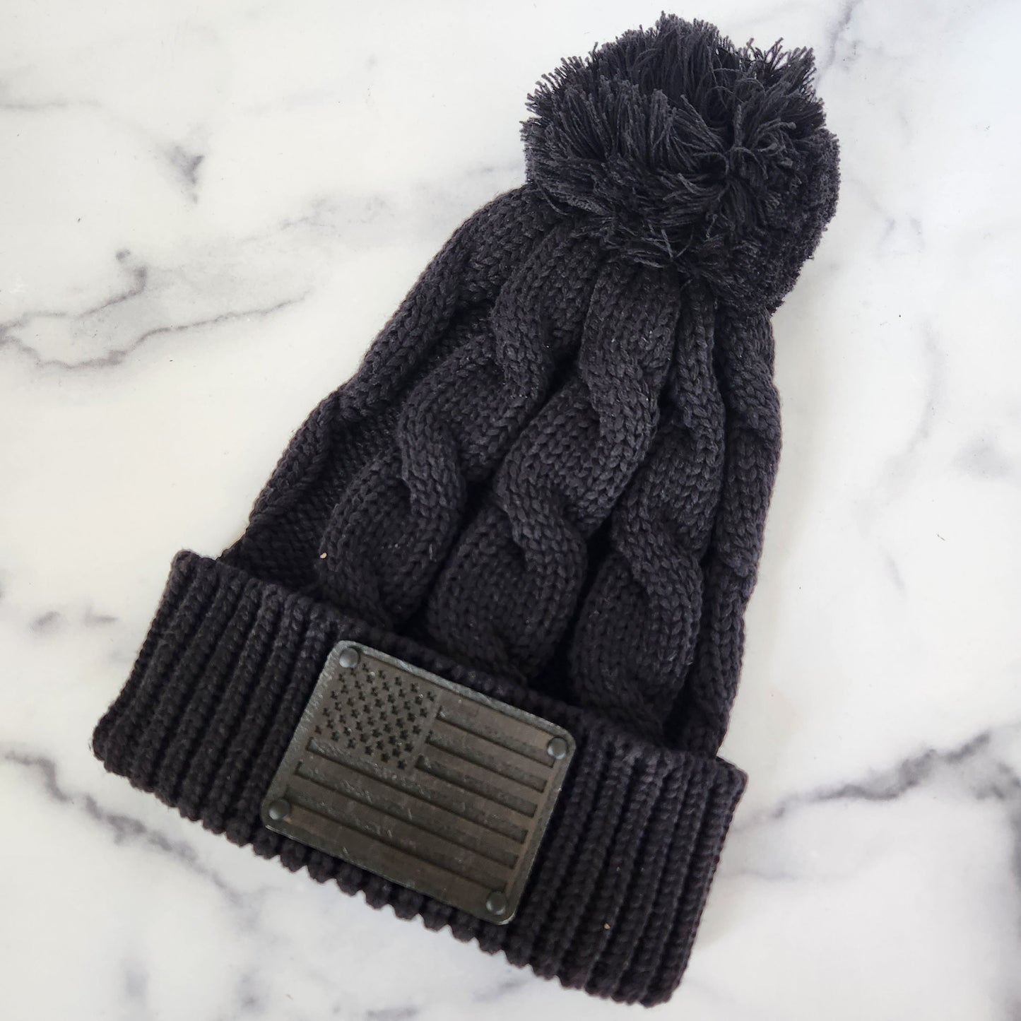 Black Flag Wood Patch Richardson Chunky Twist Cuffed Knit Beanie with Pom Pom | Unique Gifts for Him or Her | First Responder GIft