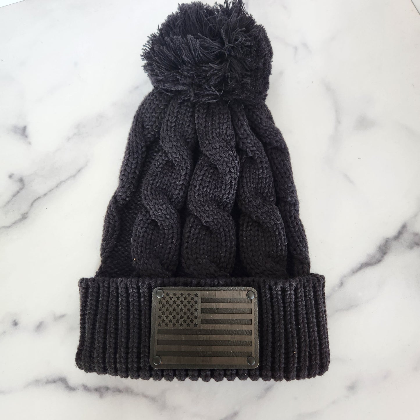 Black Flag Wood Patch Richardson Chunky Twist Cuffed Knit Beanie with Pom Pom | Unique Gifts for Him or Her | First Responder GIft