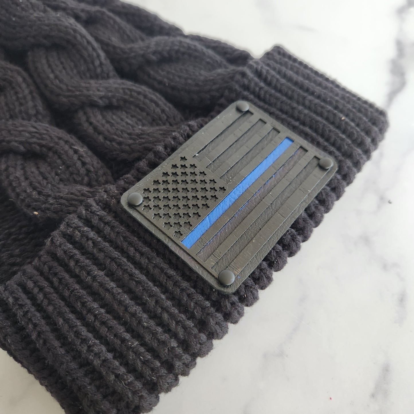 Blue Line Flag Wood Patch Richardson Chunky Twist Cuffed Knit Beanie with Pom Pom | Unique Gifts for Him or Her | Law Enforcement GIft