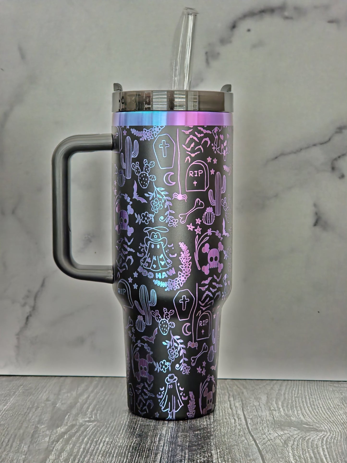 Western Ghost 30 oz Stanley Tumbler| Halloween Tumbler| Spooky Western Cup| Spooky Season| Full Wrap Custom Design| Laser Engraved Wrap