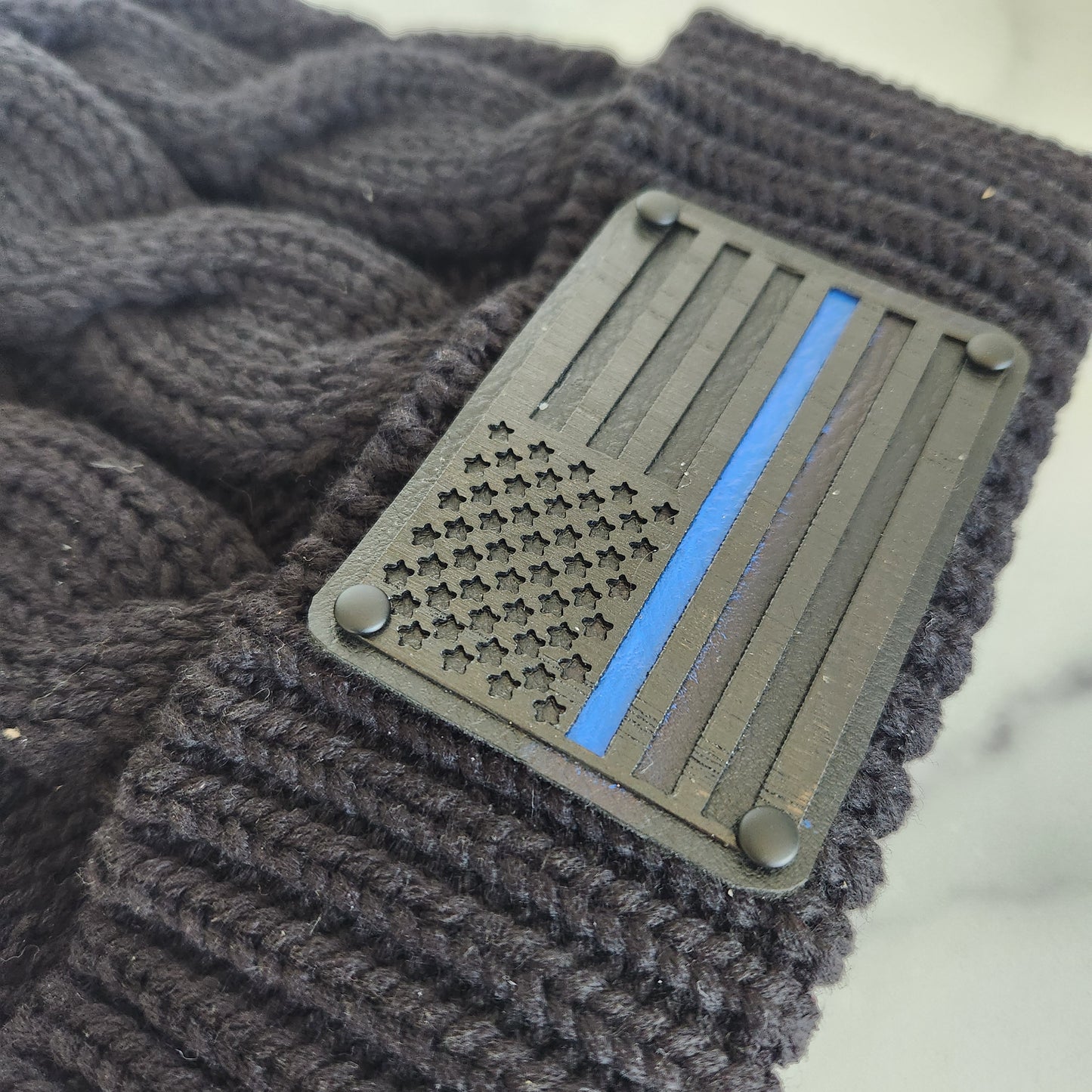 Black Flag Wood Patch Richardson Chunky Twist Cuffed Knit Beanie with Pom Pom | Unique Gifts for Him or Her | First Responder Gift