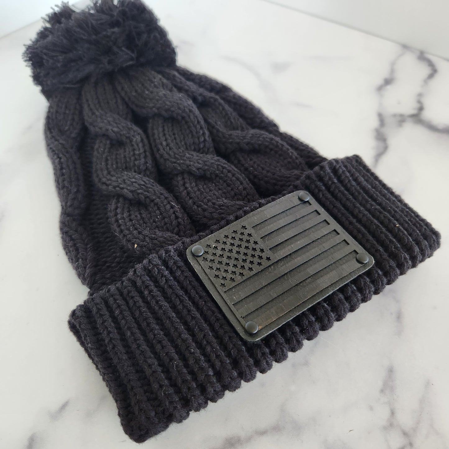 Black Flag Wood Patch Richardson Chunky Twist Cuffed Knit Beanie with Pom Pom | Unique Gifts for Him or Her | First Responder Gift