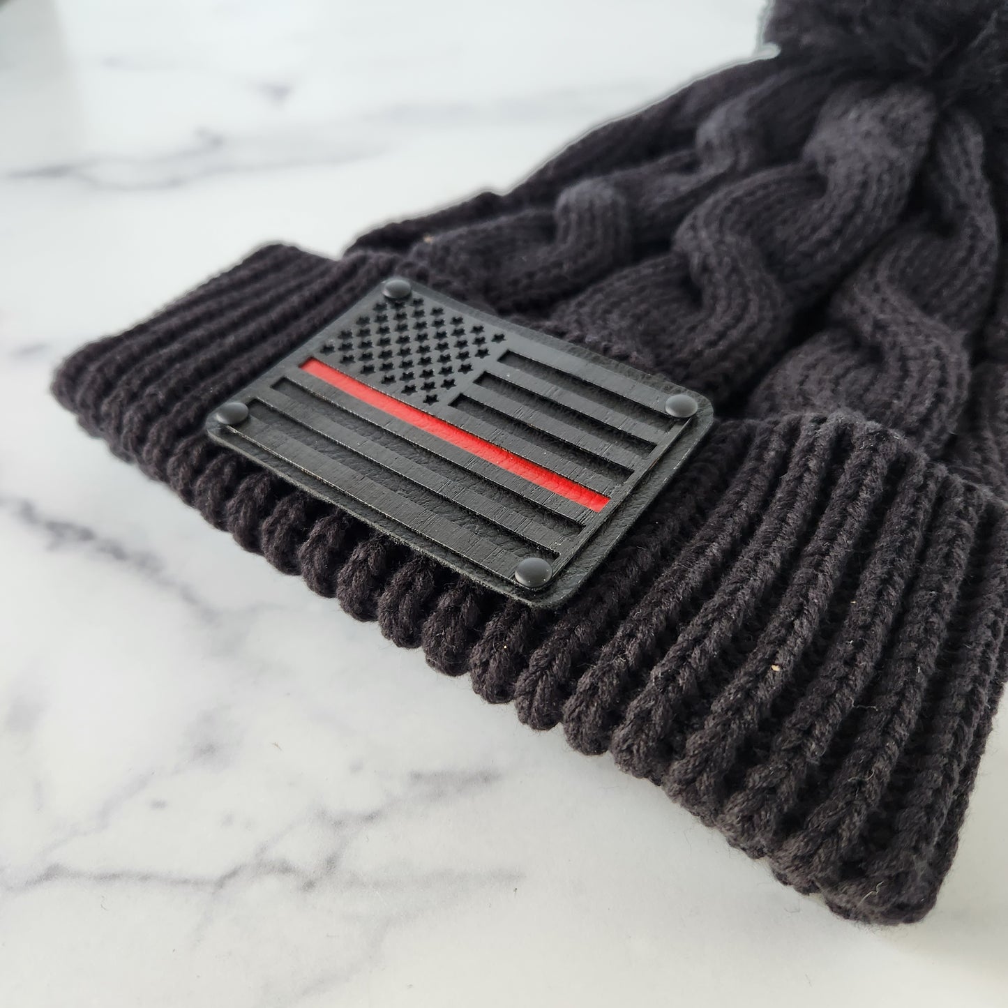 Black Flag Wood Patch Richardson Chunky Twist Cuffed Knit Beanie with Pom Pom | Unique Gifts for Him or Her | First Responder Gift