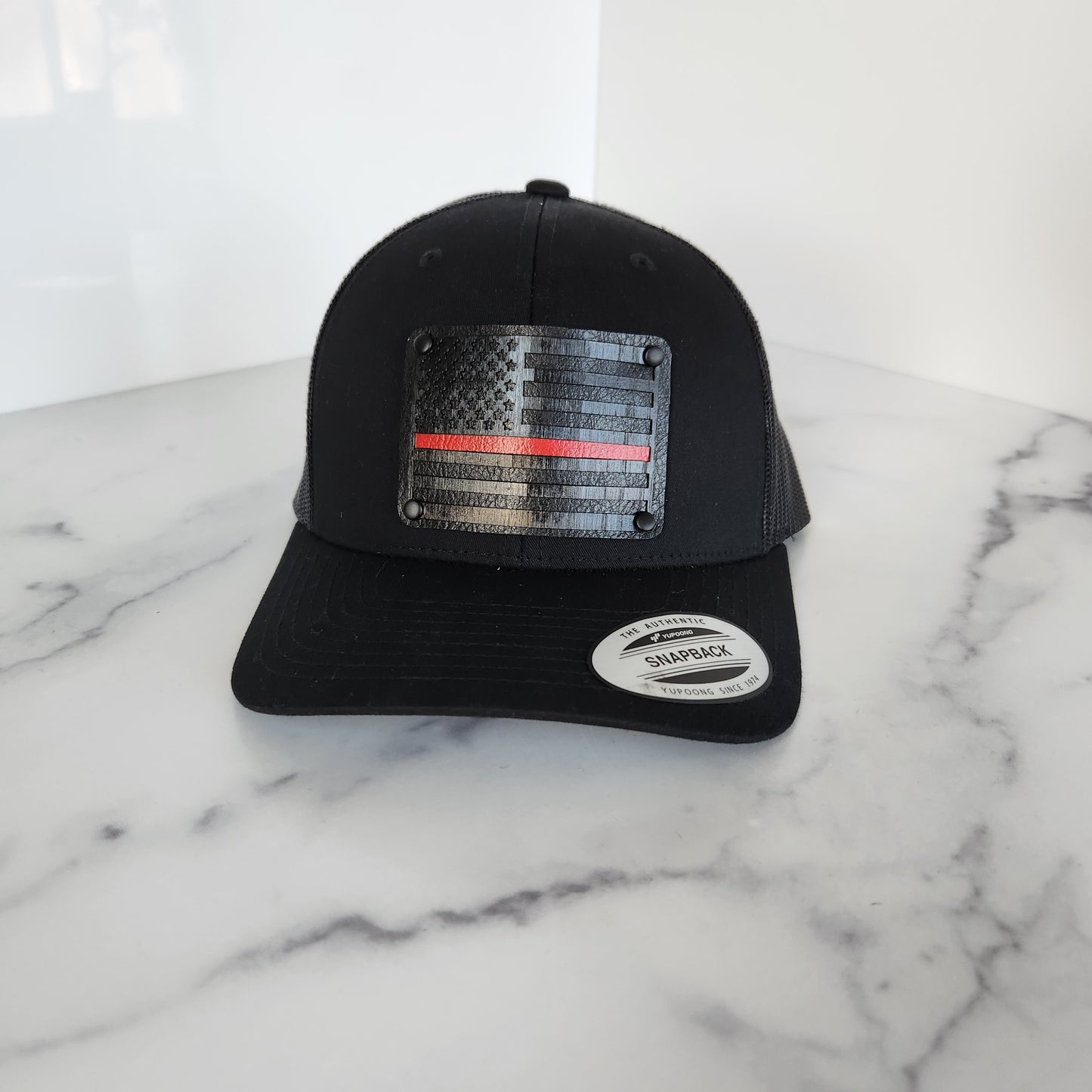 Flex Fit Trucker Hat with Black Red Line Flag Wooden Patch