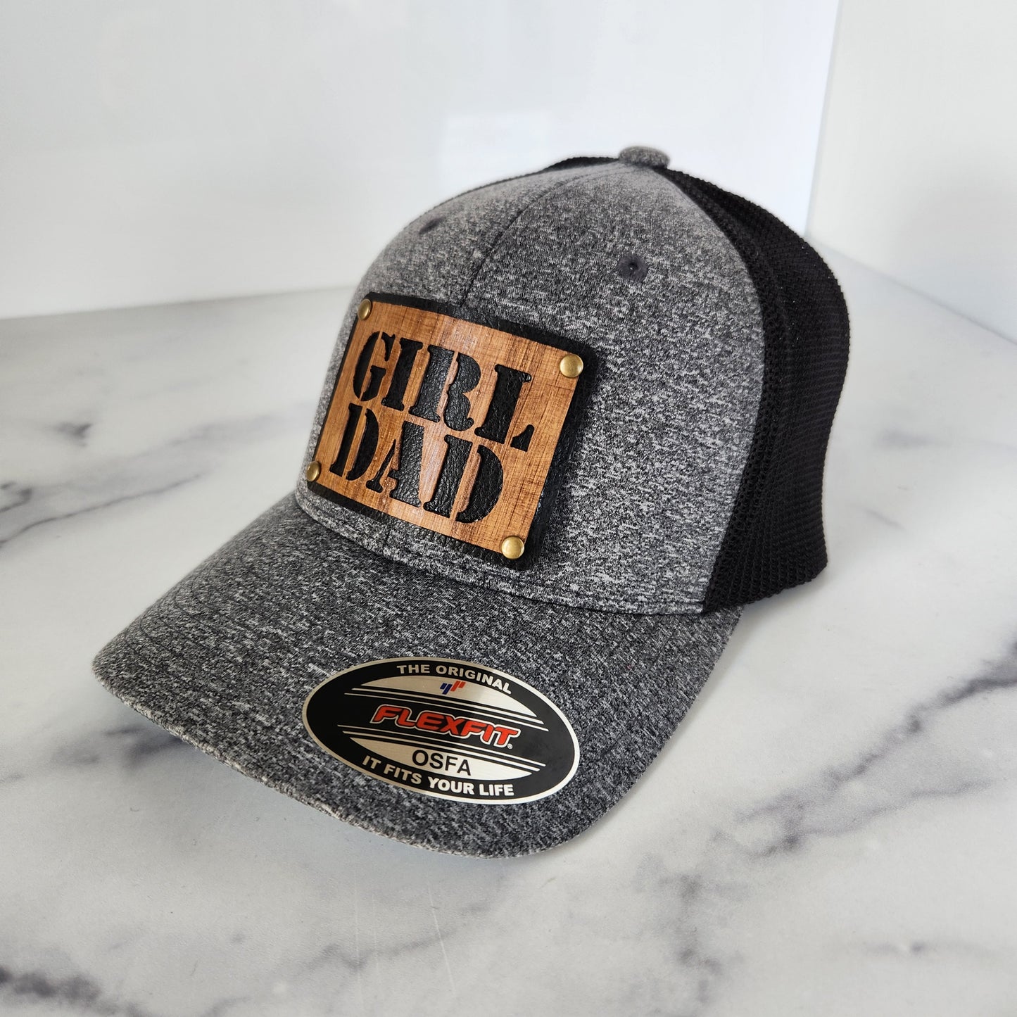 Flex Fit Trucker Hat with Girl Dad Wooden Patch