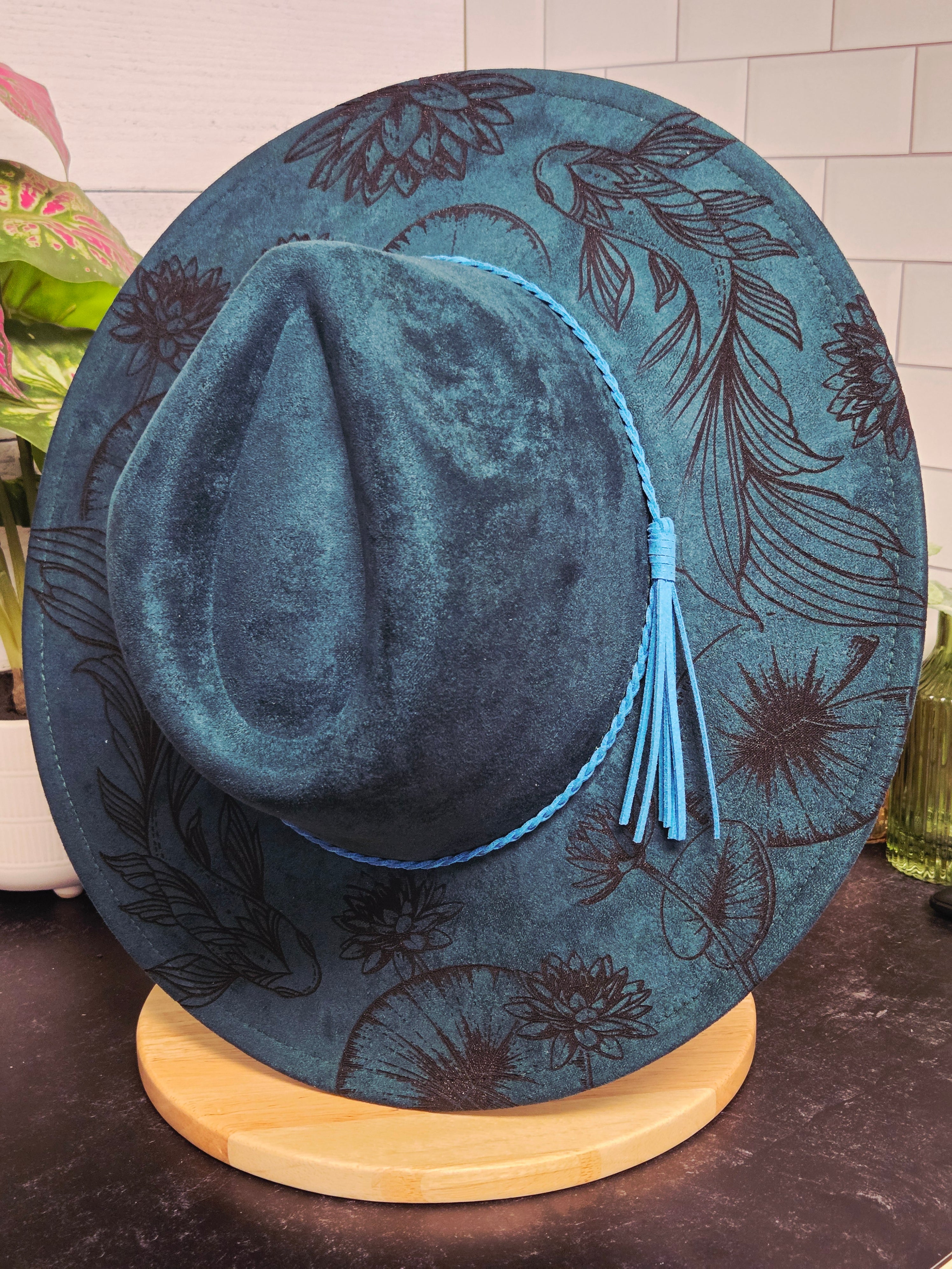 Koi Fish Laser Engraved Vegan Suede Wide Brim Hat