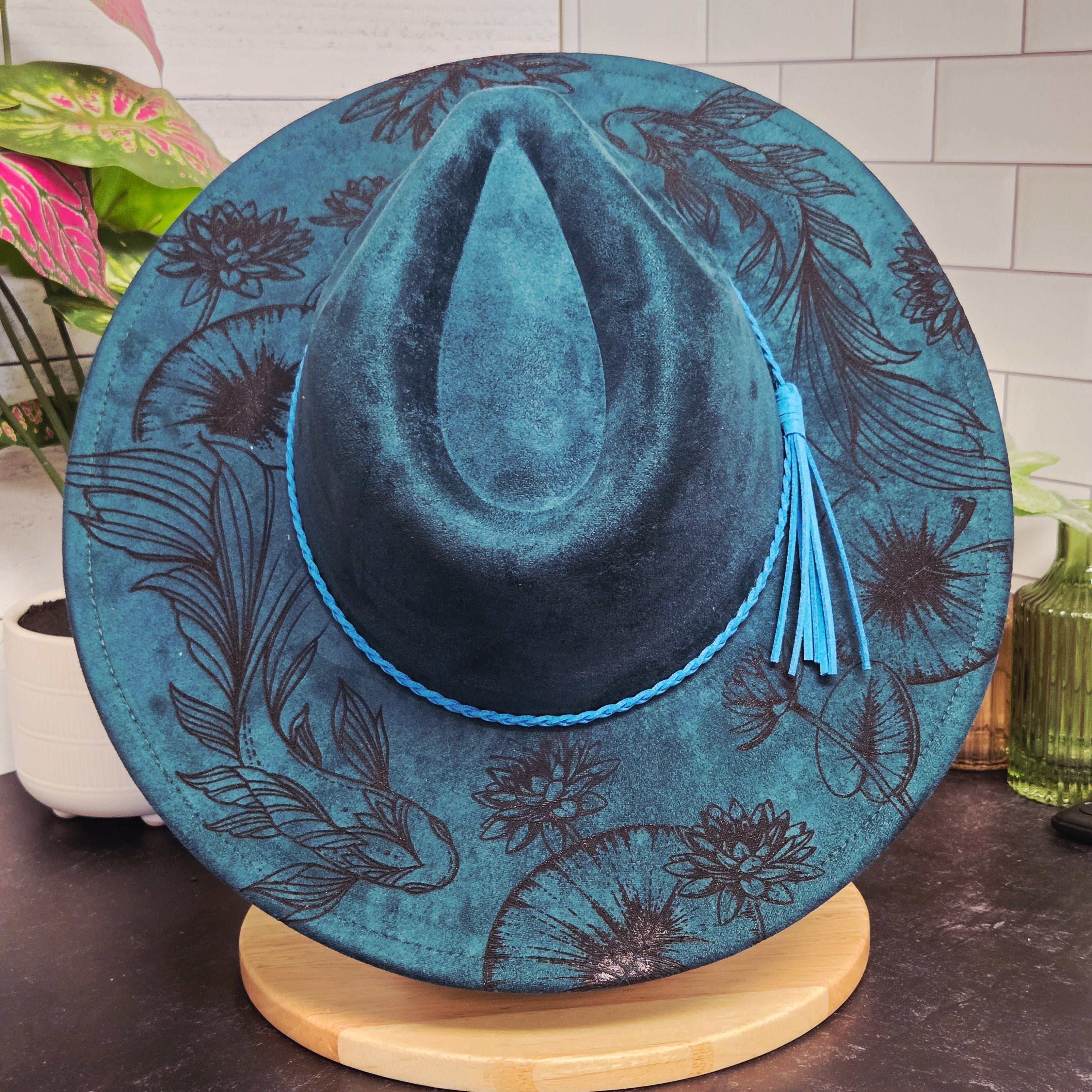 Koi Fish Laser Engraved Vegan Suede Wide Brim Hat
