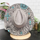 Tooled Turquoise-Laser Engraved Vegan Suede Wide Brim Hat