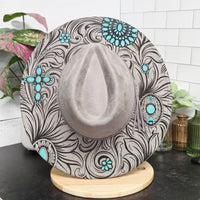 Tooled Turquoise-Laser Engraved Vegan Suede Wide Brim Hat