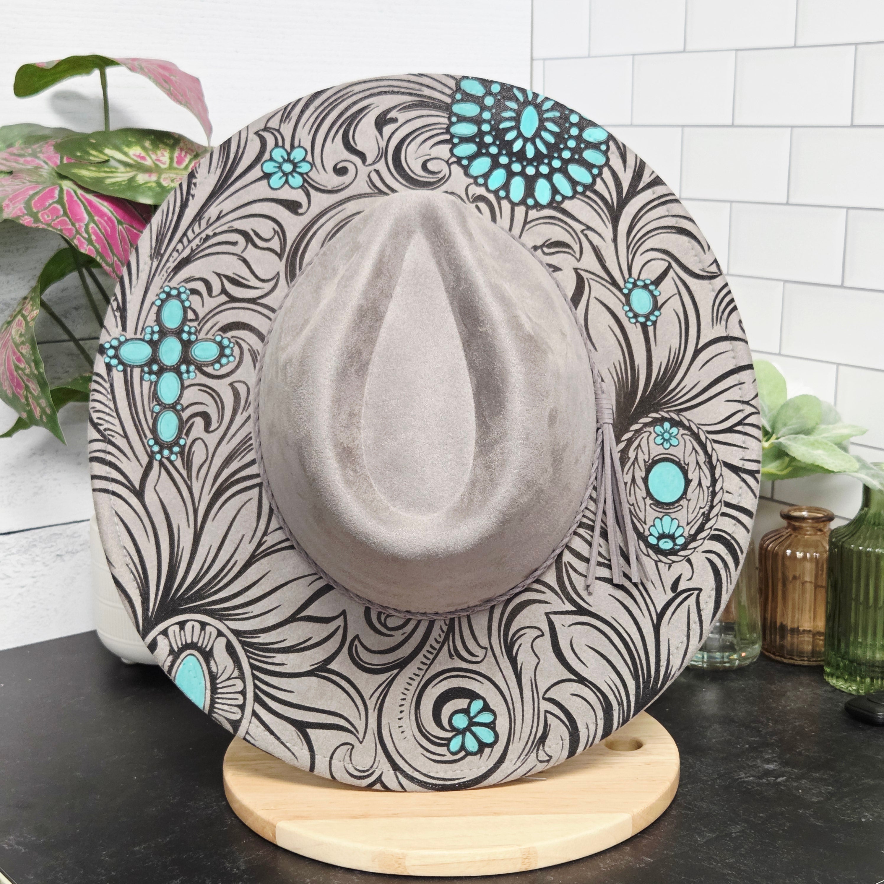 Tooled Turquoise-Laser Engraved Vegan Suede Wide Brim Hat