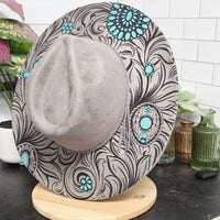 Tooled Turquoise-Laser Engraved Vegan Suede Wide Brim Hat