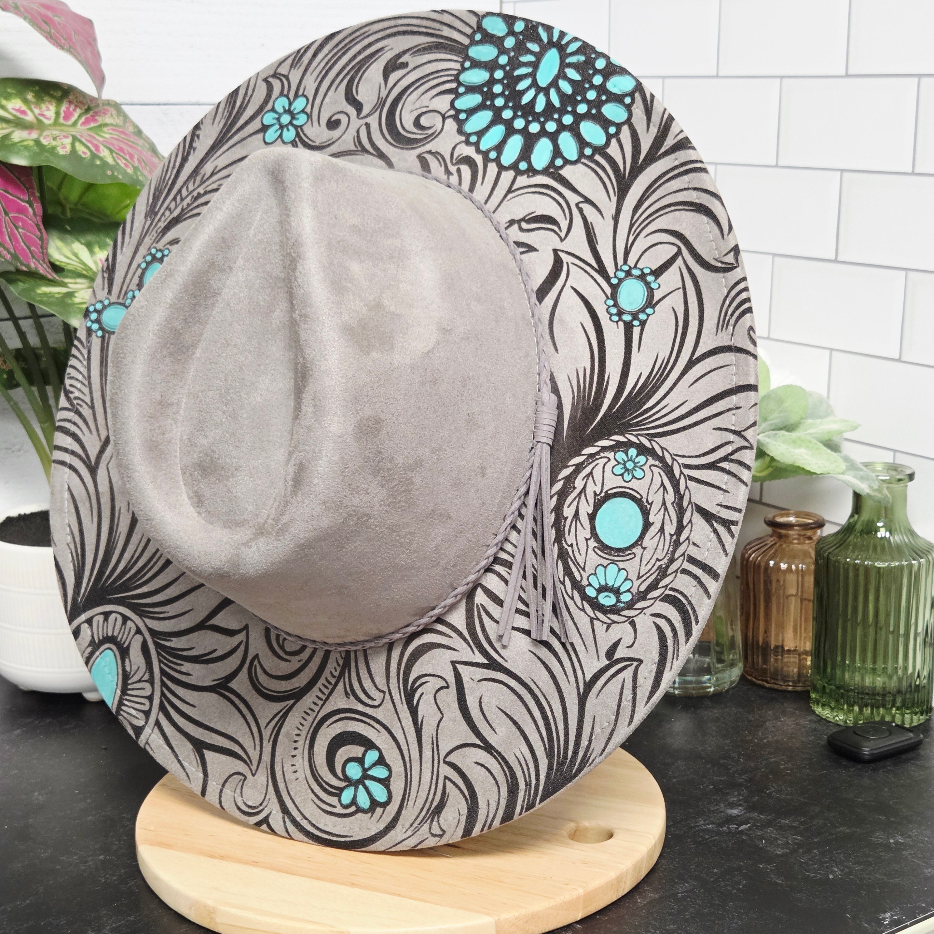 Tooled Turquoise-Laser Engraved Vegan Suede Wide Brim Hat