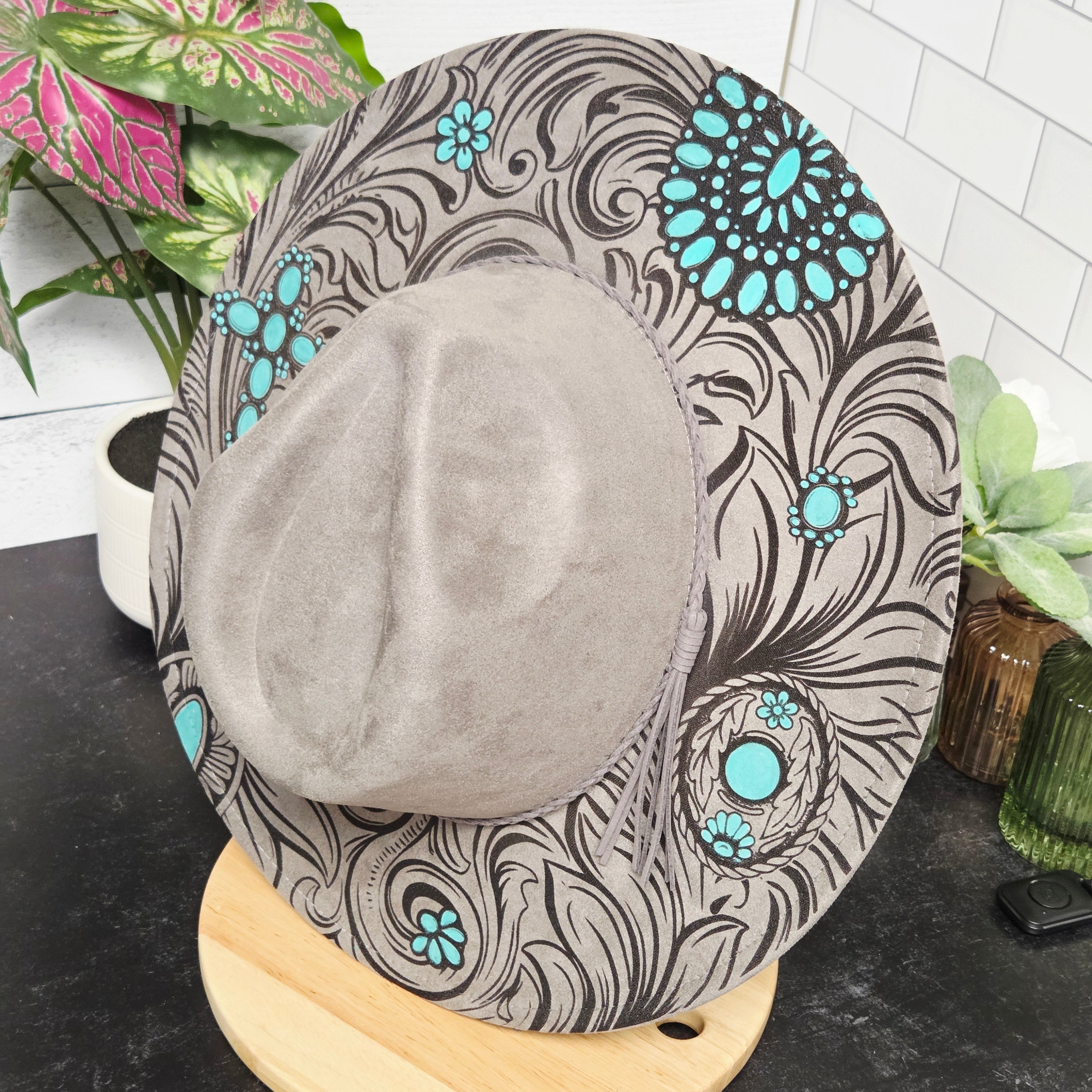 Tooled Turquoise-Laser Engraved Vegan Suede Wide Brim Hat