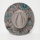 Tooled Turquoise-Laser Engraved Vegan Suede Wide Brim Hat