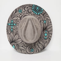 Tooled Turquoise-Laser Engraved Vegan Suede Wide Brim Hat