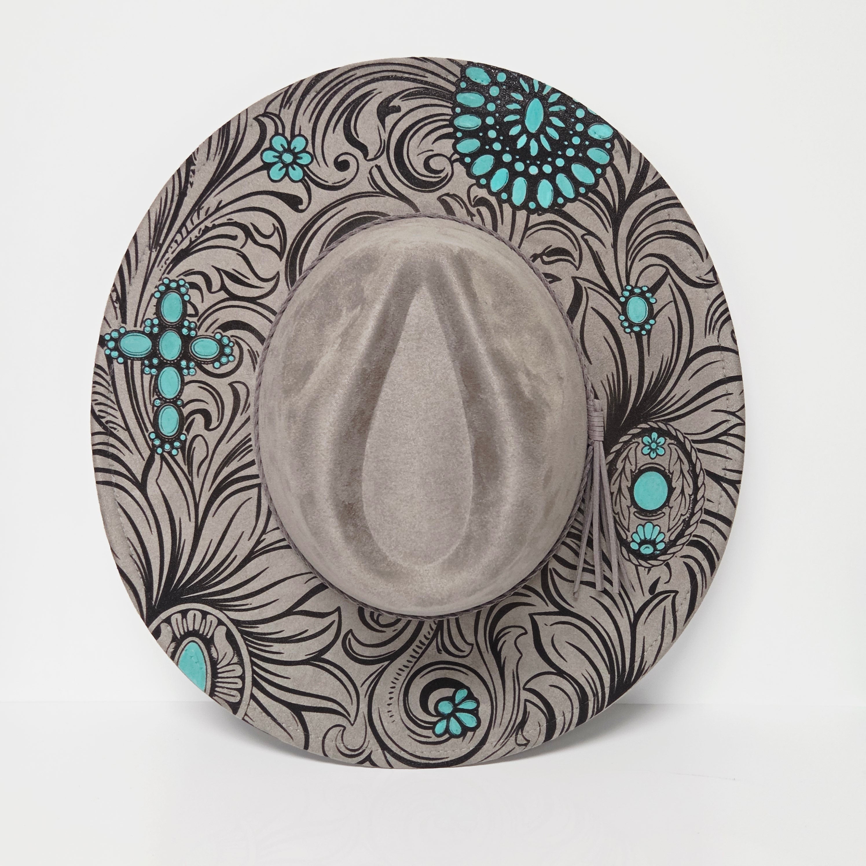 Tooled Turquoise-Laser Engraved Vegan Suede Wide Brim Hat