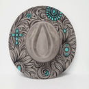 Tooled Turquoise-Laser Engraved Vegan Suede Wide Brim Hat