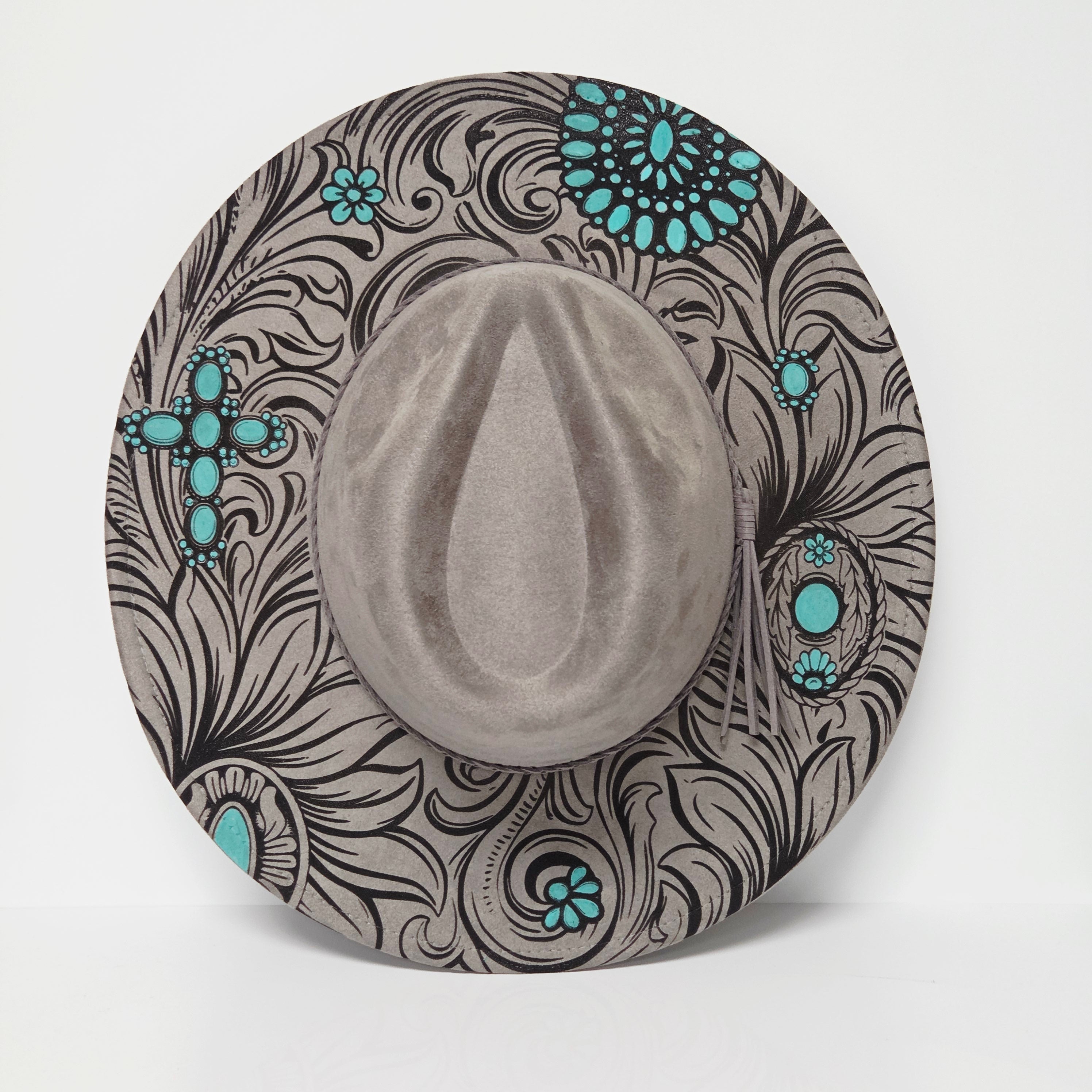 Tooled Turquoise-Laser Engraved Vegan Suede Wide Brim Hat