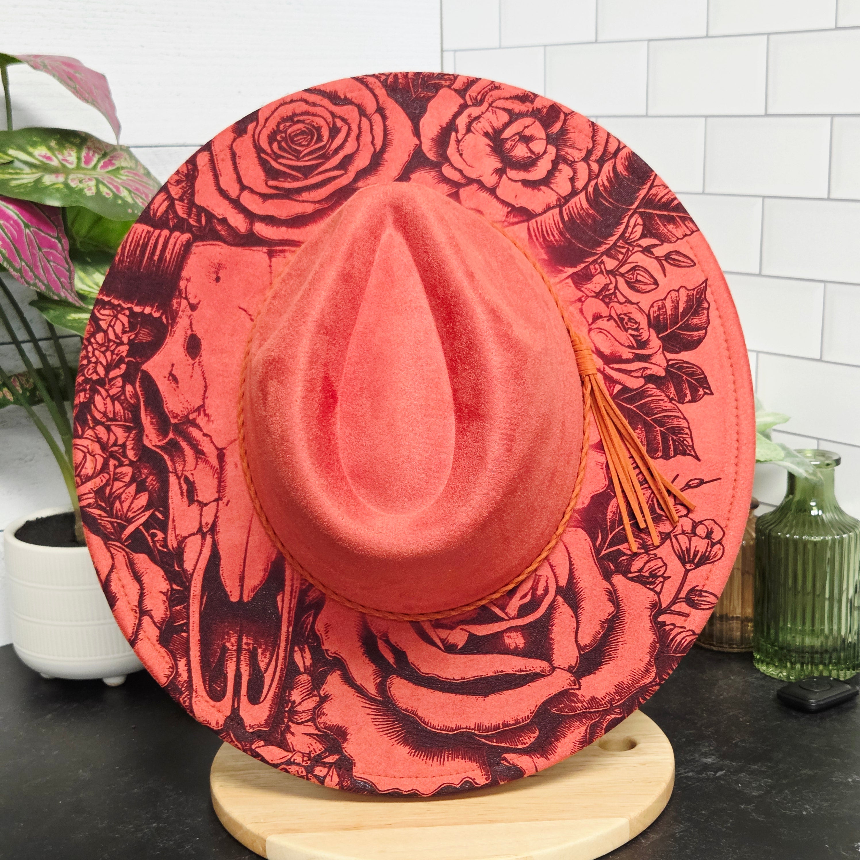 Bull Skulls and Roses Laser Engraved Vegan Suede Wide Brim Hat