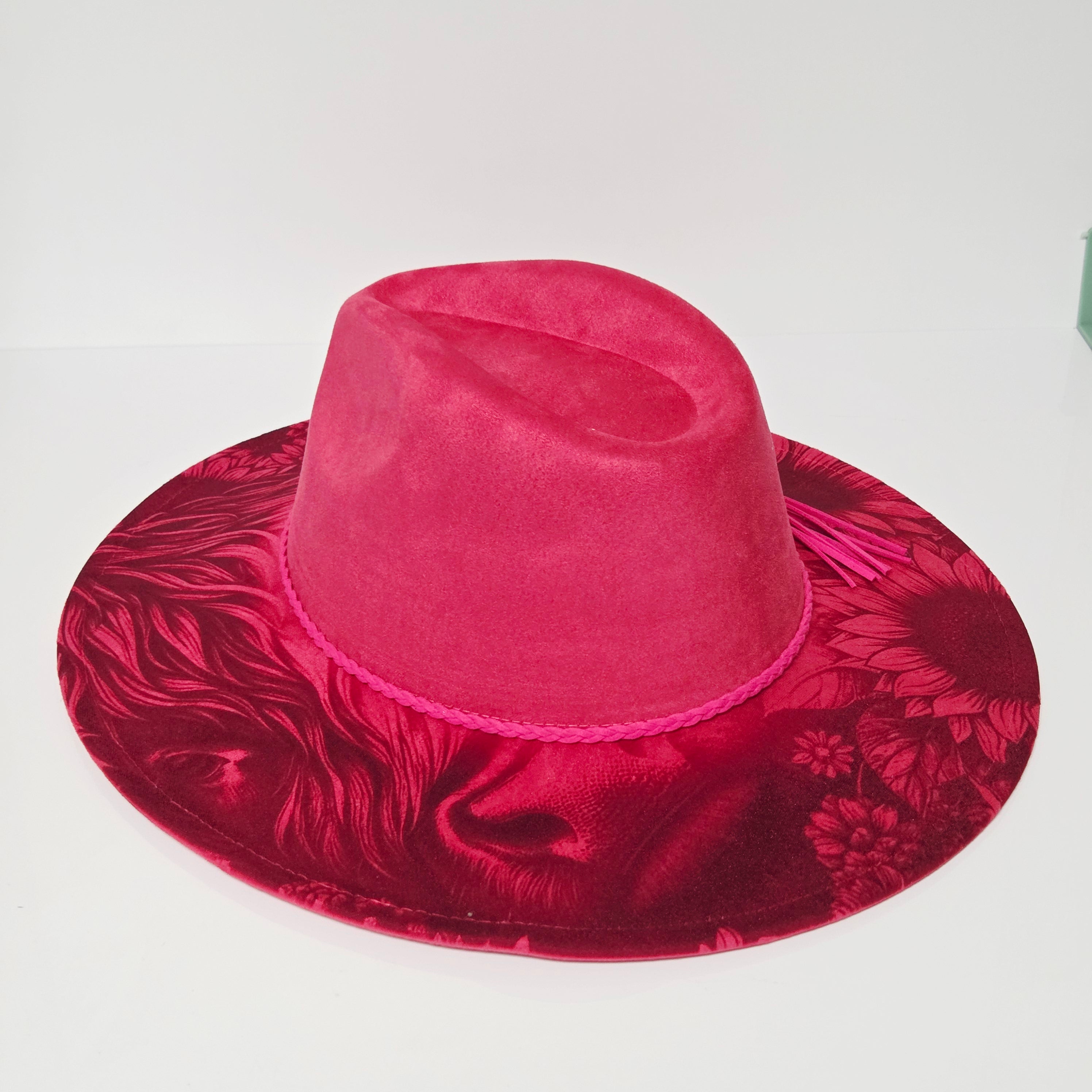 Highland Cow with Sunflowers Laser Engraved Vegan Suede Wide Brim Hat