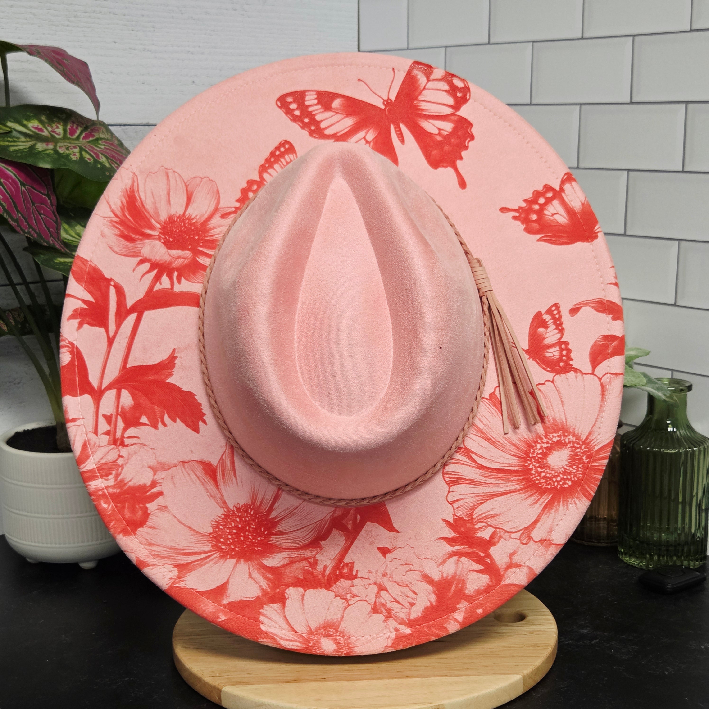 Floral Butterflies Laser Engraved Vegan Suede Wide Brim Hat