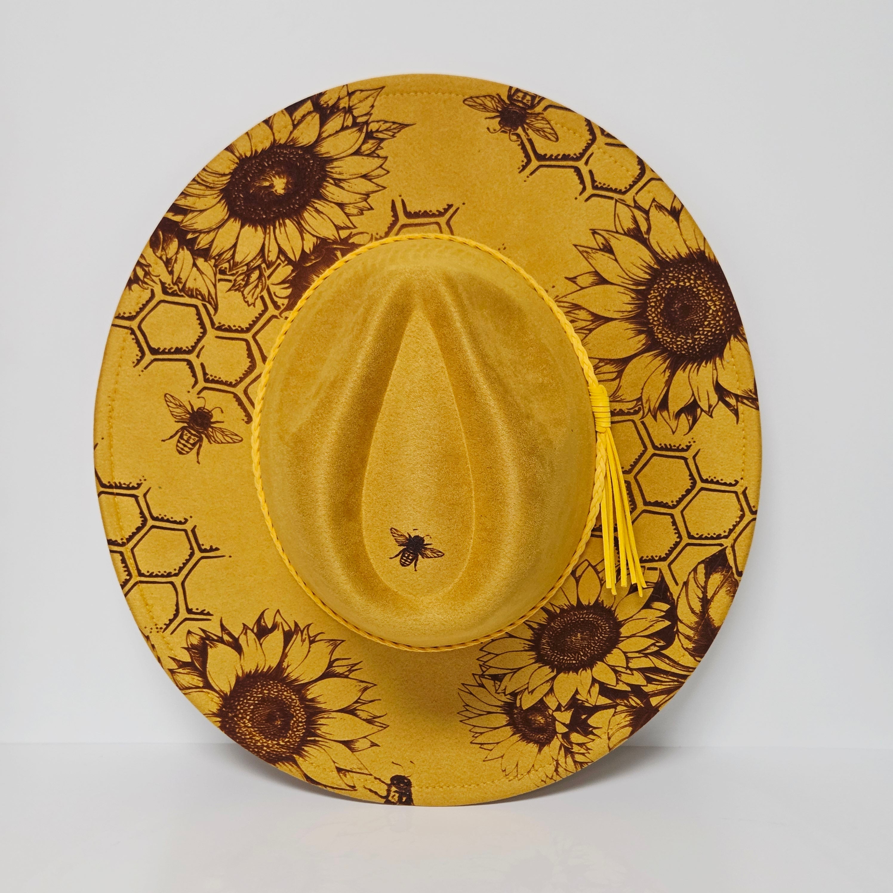 Honey Bee and Sunflowers Laser Engraved Vegan Suede Wide Brim Hat