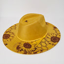 Honey Bee and Sunflowers Laser Engraved Vegan Suede Wide Brim Hat