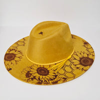 Honey Bee and Sunflowers Laser Engraved Vegan Suede Wide Brim Hat