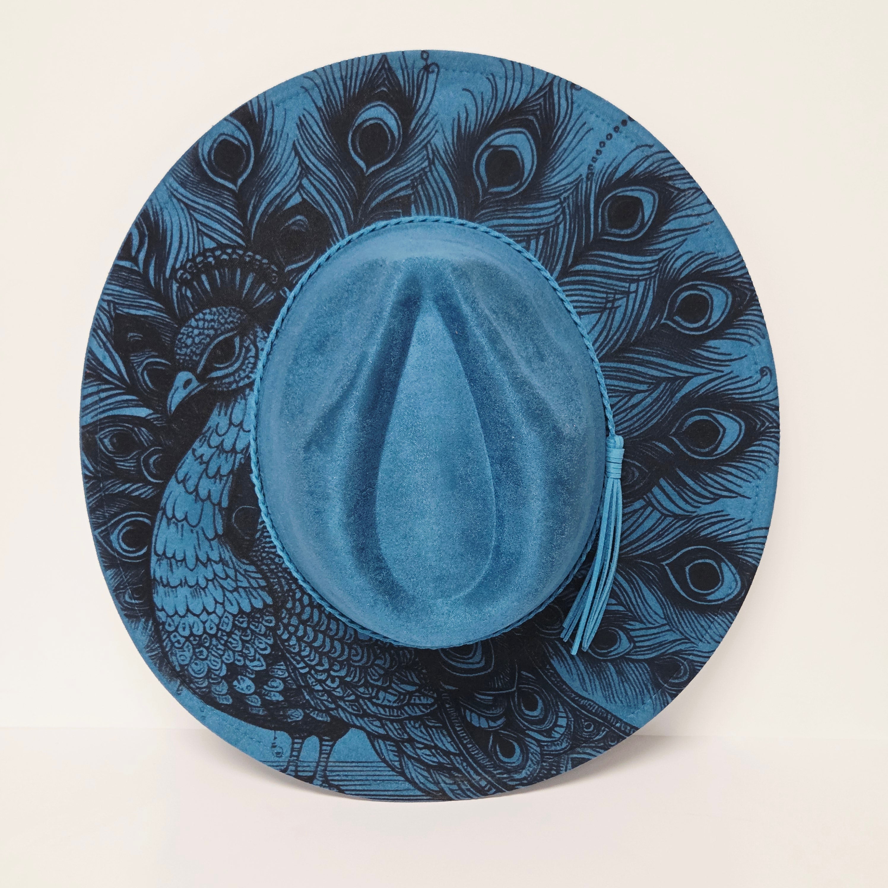 Peacock Laser Engraved Vegan Suede Wide Brim Hat