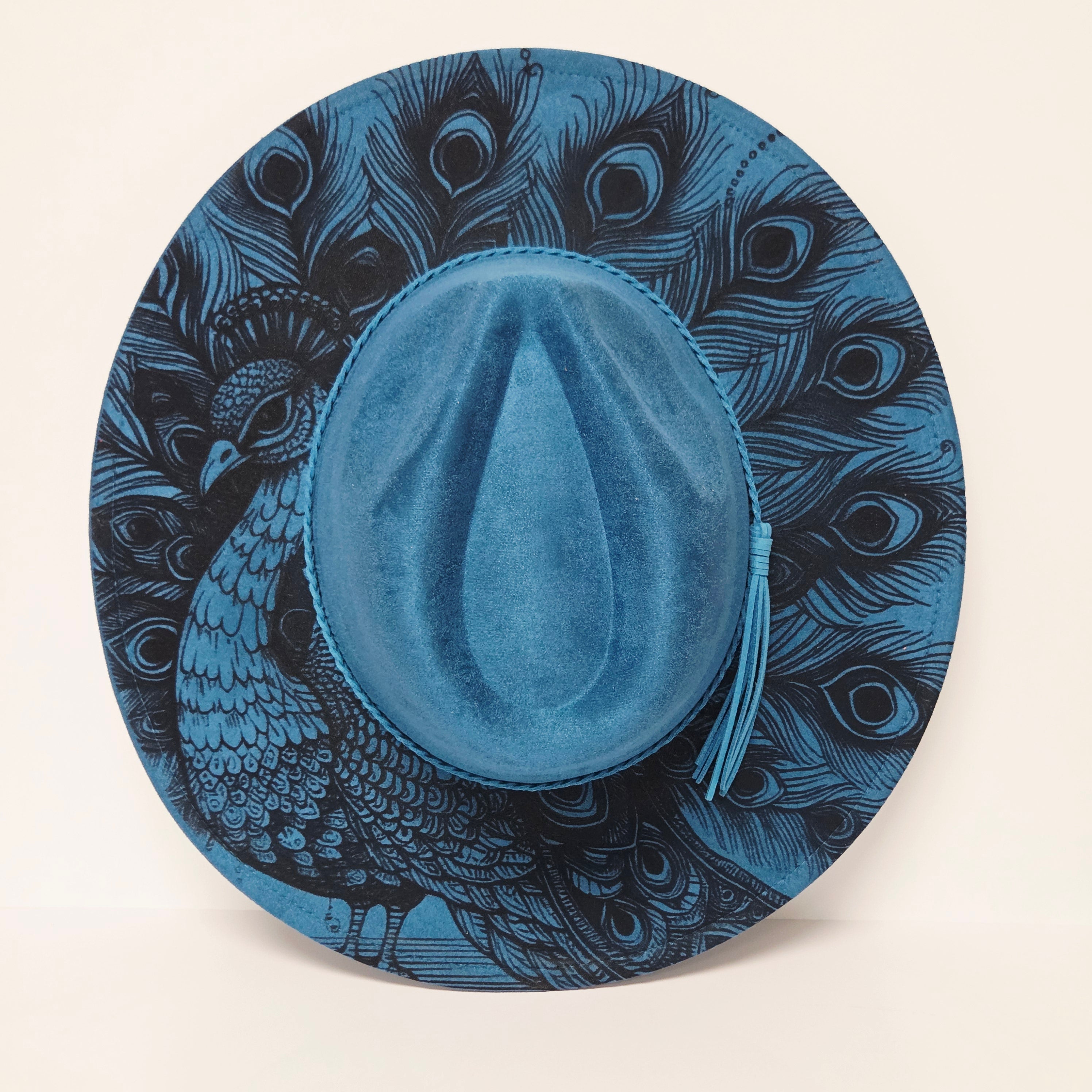 Peacock Laser Engraved Vegan Suede Wide Brim Hat